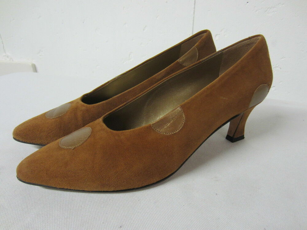 Vtg Paloma Made Italy Russet Suede Bronze Gold Leather Soles Accents Heels 6.5
